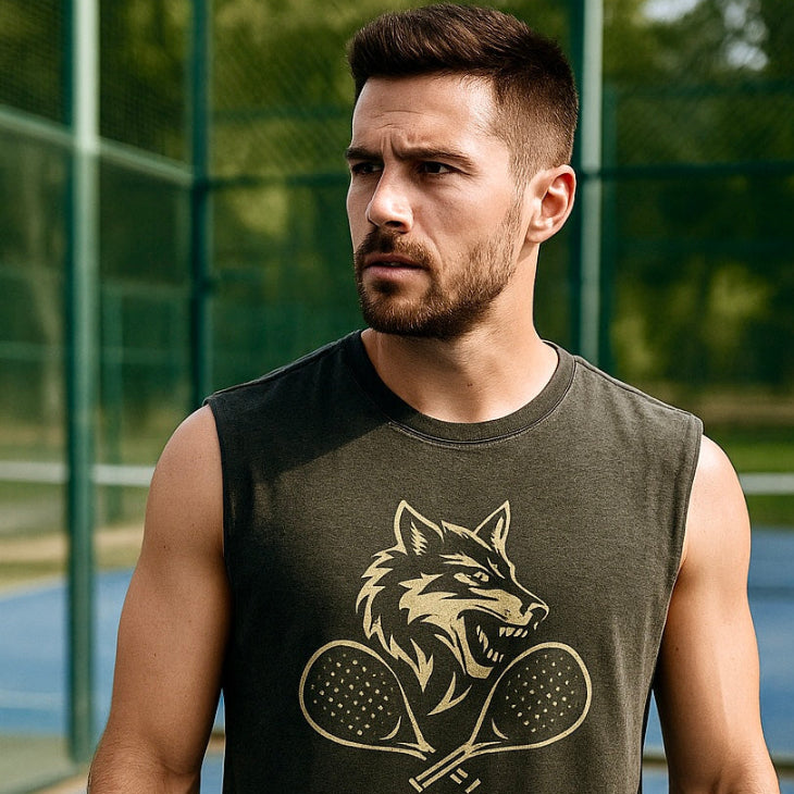 El Lobo men's padel tank top on court by Corcuera
