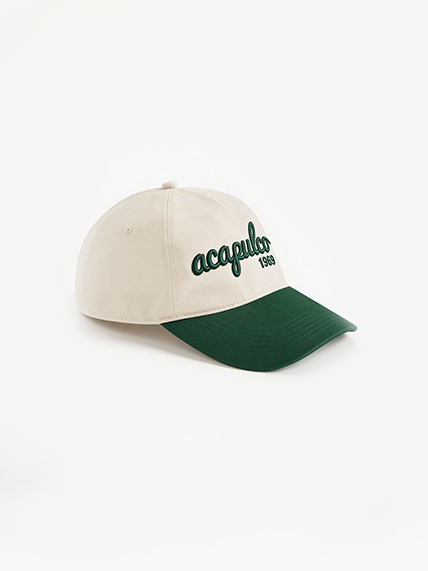 Beige and green cap with 'acapulco' branding on a white background