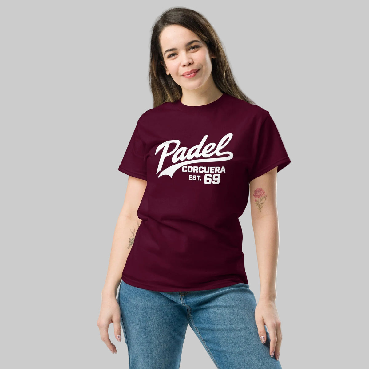 Autograph Originals 1969 Retro Padel T-Shirt – cardinal unisex heritage padel tee, worn shot | Corcuera Padel Club