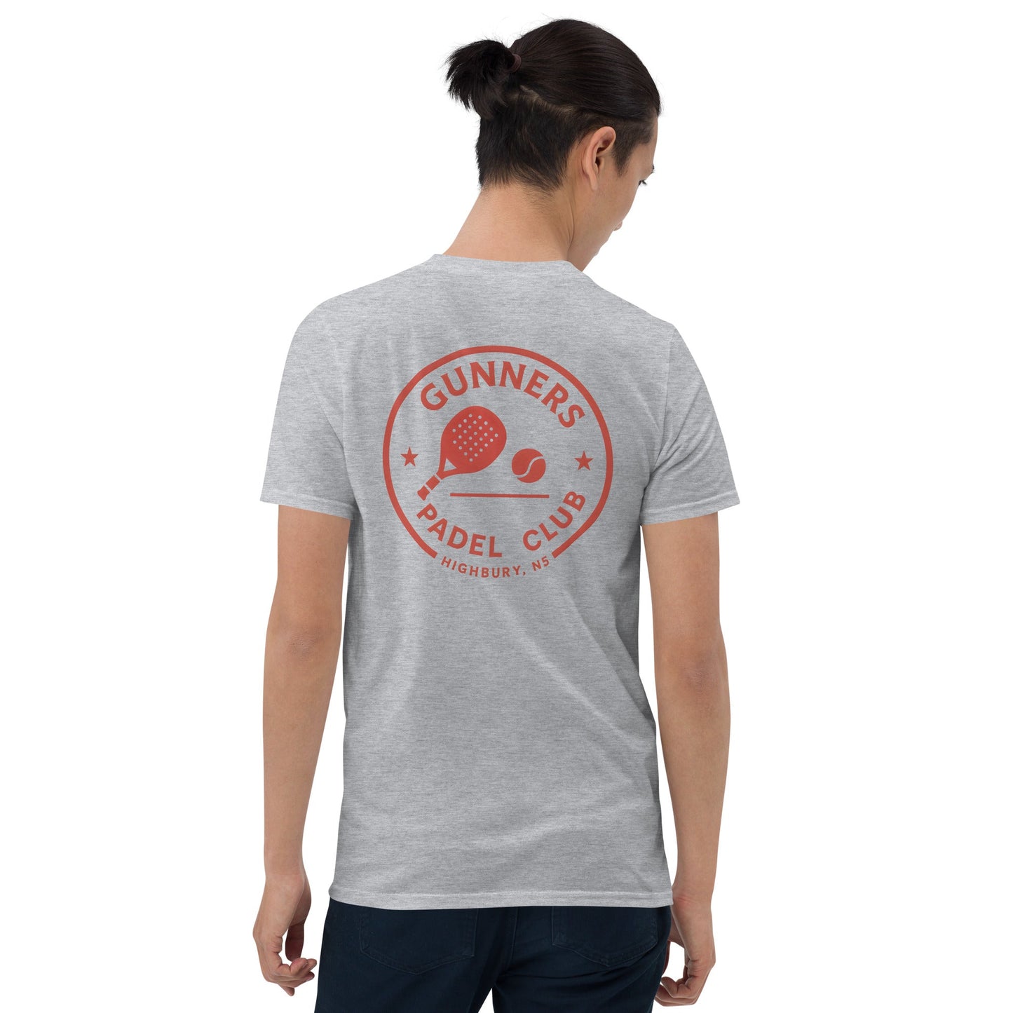 Gunners Padel Club Performance T-Shirt – unisex football-inspired padel tee, close-up | Corcuera Padel Club