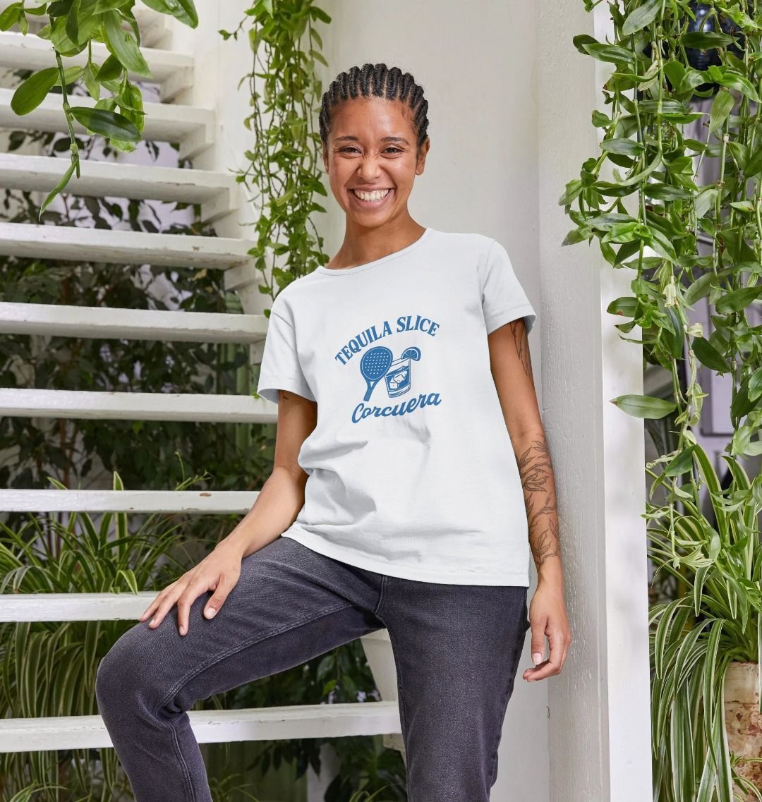 Tequila Slice Women's Padel T-Shirt – women's white padel tee, flat lay | Corcuera Padel Club