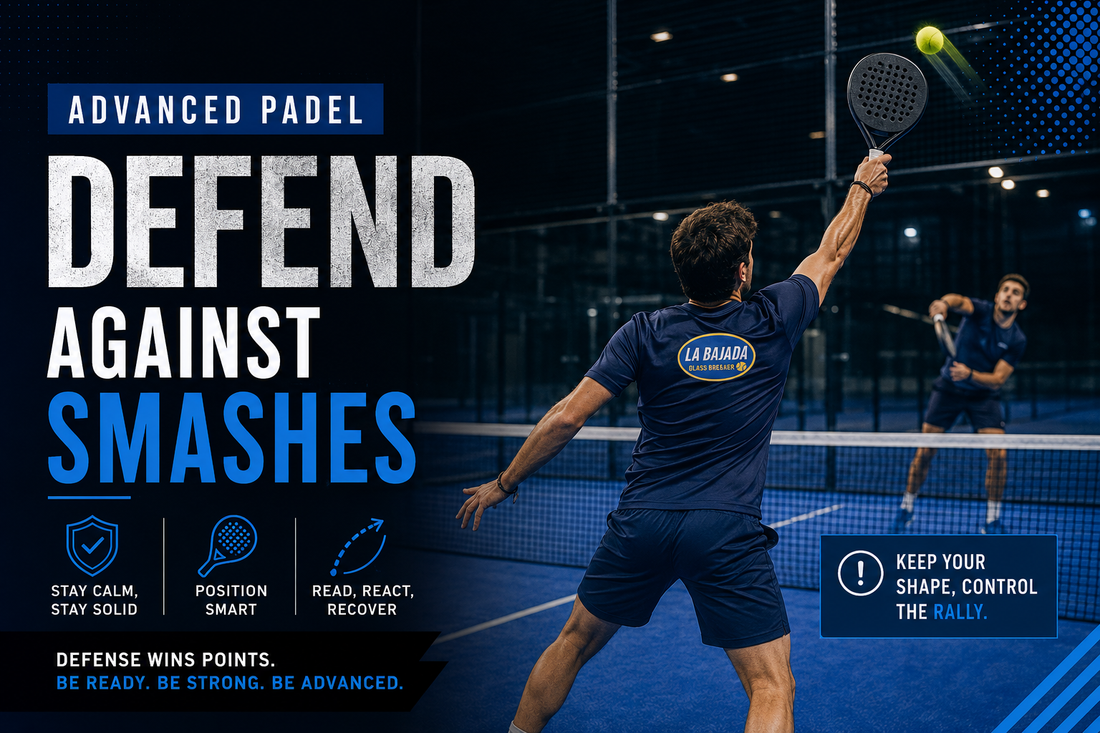 A padel player defending against a smash at the back of the court