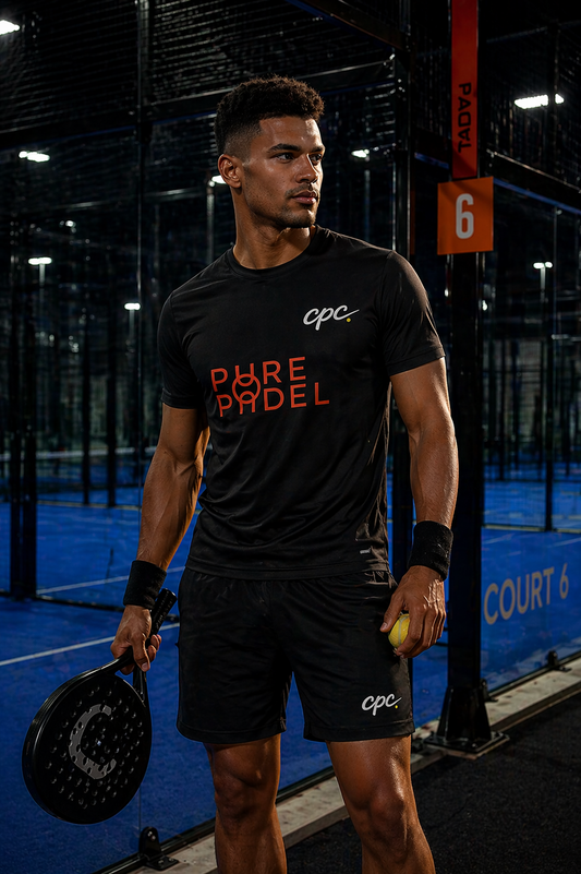 Man holding a paddle and ball on a padel court wearing a 'Pure Padel' shirt.