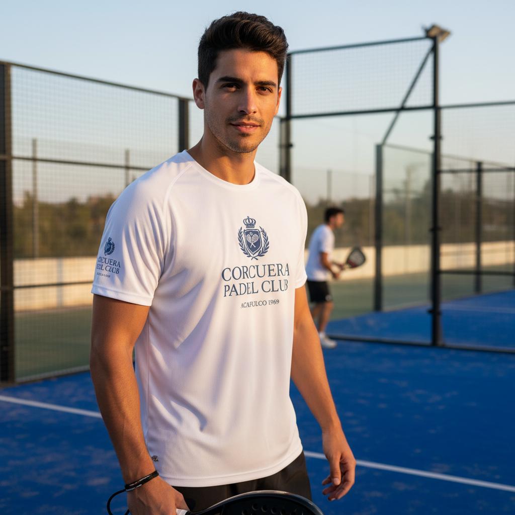 Man wearing a Corcuera Padel Club white t-shirt with a logo on a blue tennis court