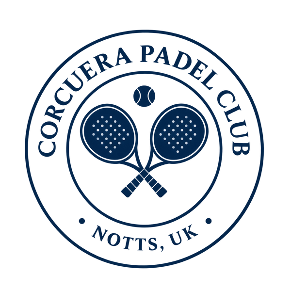 A circular navy blue and white logo for Corcuera Padel Club, featuring crossed tennis rackets, a tennis ball, and the text 'CORCUERA PADEL CLUB' and 'NOTTS, UK'.