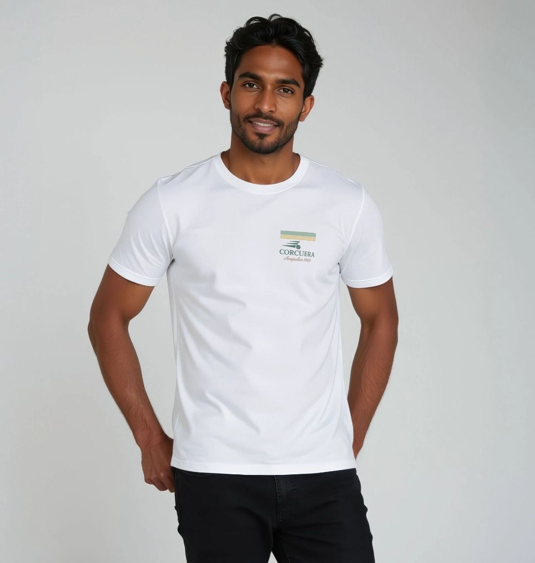 Man wearing a Corcuera Padel t-shirt with a logo on a plain background