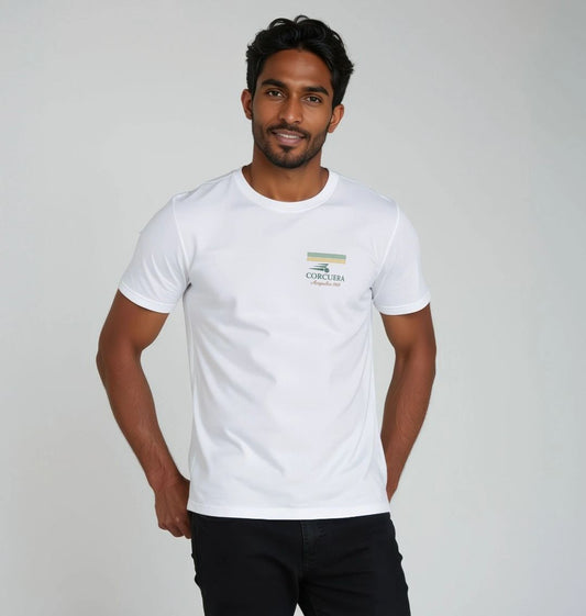 Man wearing a Corcuera Padel t-shirt with a logo on a plain background