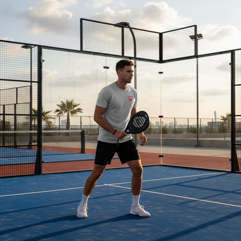 Padel plater in Gunners Pdel Club tshirt on a blue tennis court with palm trees and city skyline in the background