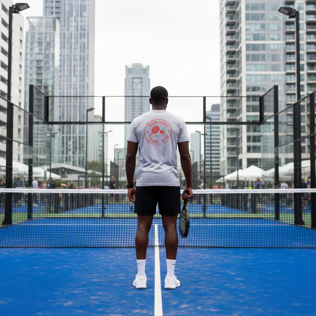 Gunners Padel Club London Person standing on a blue padel court with city skyline in the background