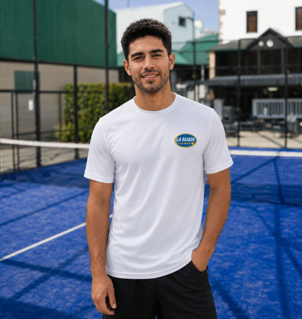 La Bajada Padel Performance T-Shirt worn on court – men's Corcuera Padel Club match shirt