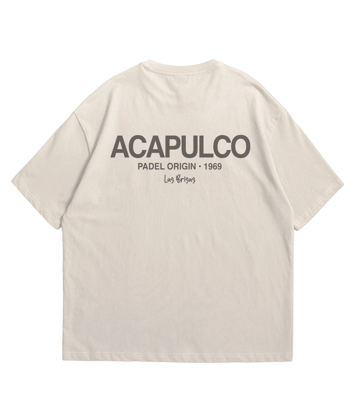 Beige t-shirt with 'Acapulco' text on a light gray background