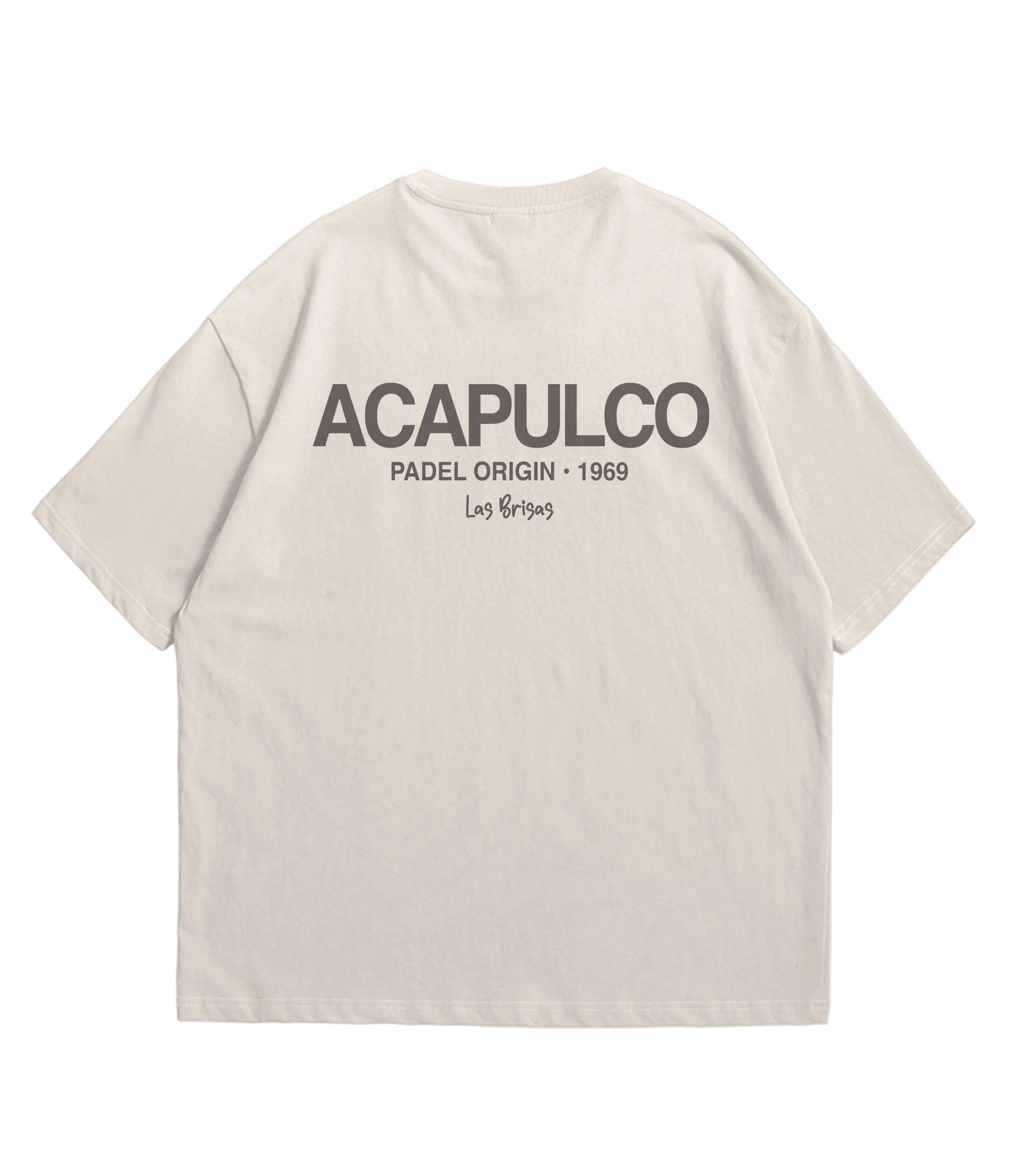 Beige t-shirt with 'Acapulco' text on a light gray background
