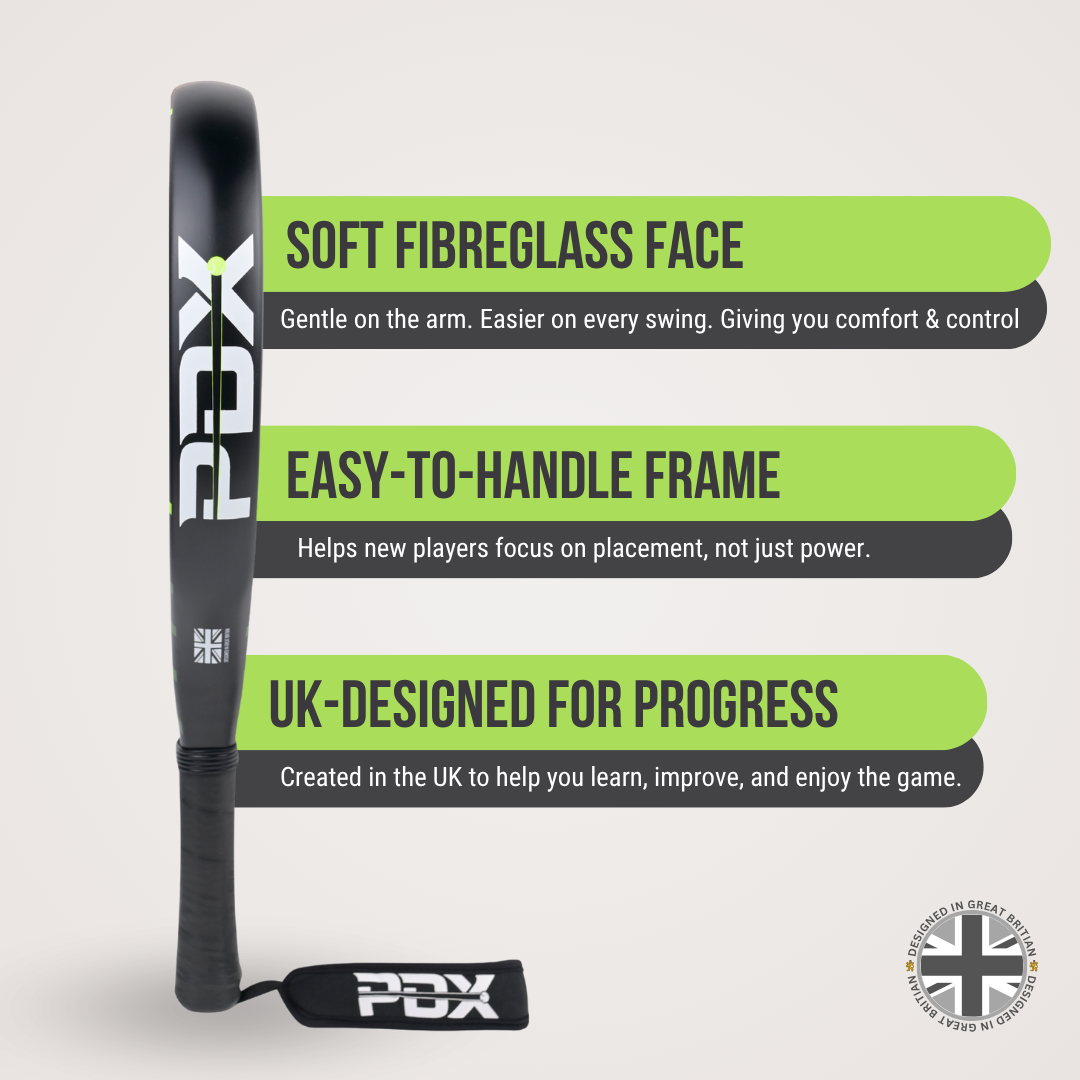 PDX Rayo Beginner Padel Racket | Complientary Racket Carrier Bag | 30% Carbon 70% Fibreglass | 355g Round | Control