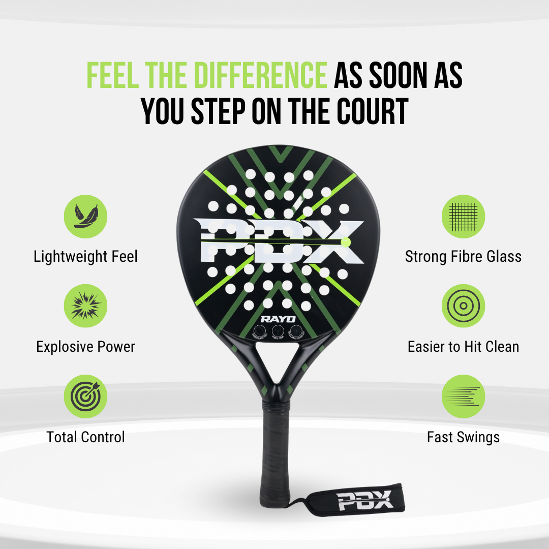 PDX Rayo Beginner Padel Racket | Complientary Racket Carrier Bag | 30% Carbon 70% Fibreglass | 355g Round | Control