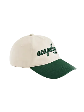 Beige and green cap with 'acapulco' branding on a white background