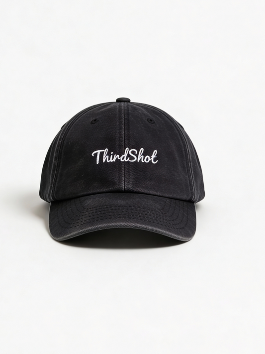 Black cap with 'ThirdShel' logo on a white background