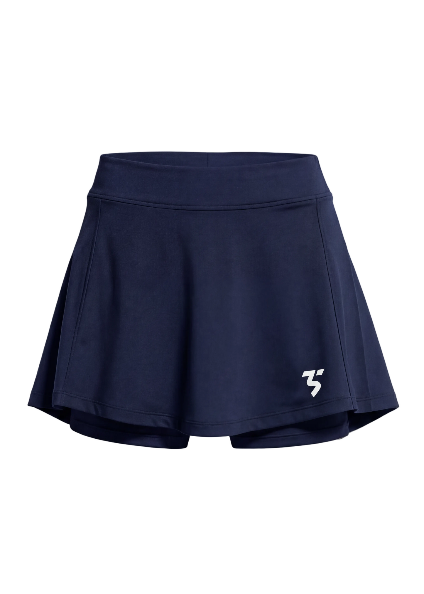 Navy blue performance padel skirt with a logo on a white background
