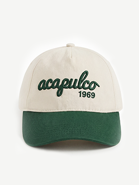 Baseball cap with 'acapulco' text on a white background