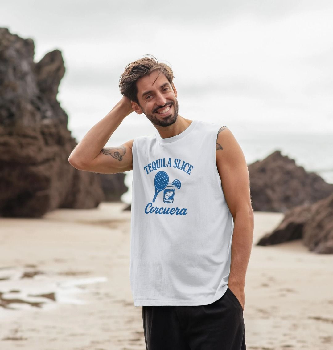 Après Padel Tequila Slice Men's Sleeveless Padel Top – men's white padel vest, worn shot | Corcuera Padel Club