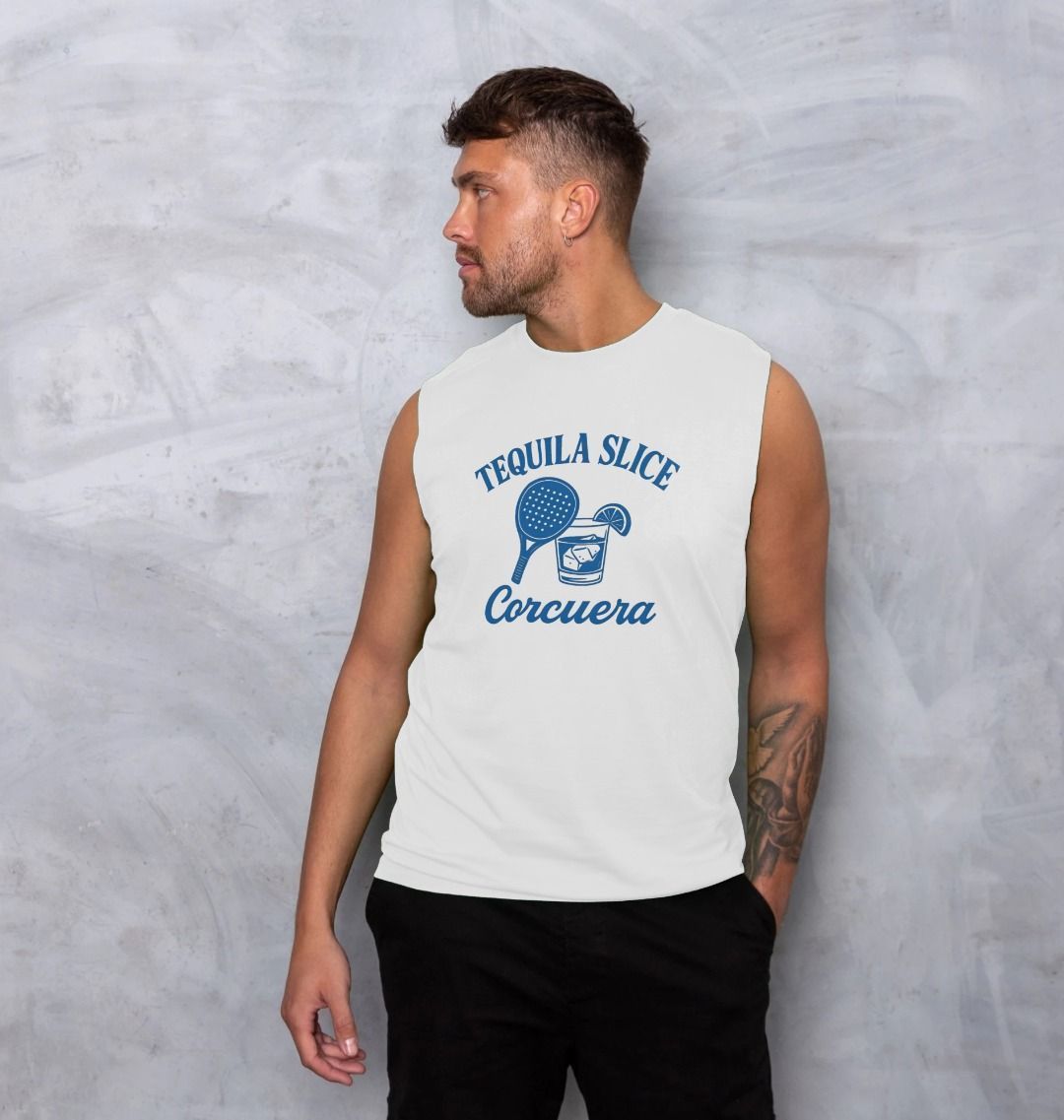 Après Padel Tequila Slice Men's Sleeveless Padel Top – men's white padel vest, detail | Corcuera Padel Club