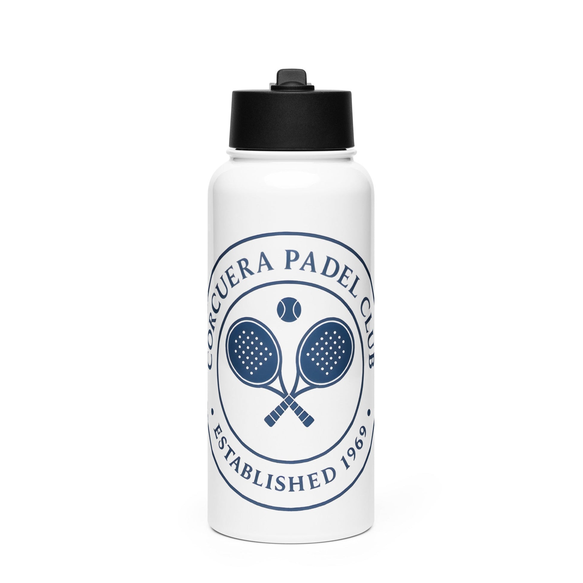 Corcuera Padel Water Bottle 950ml – straw lid padel bottle, side view | Corcuera Padel Club