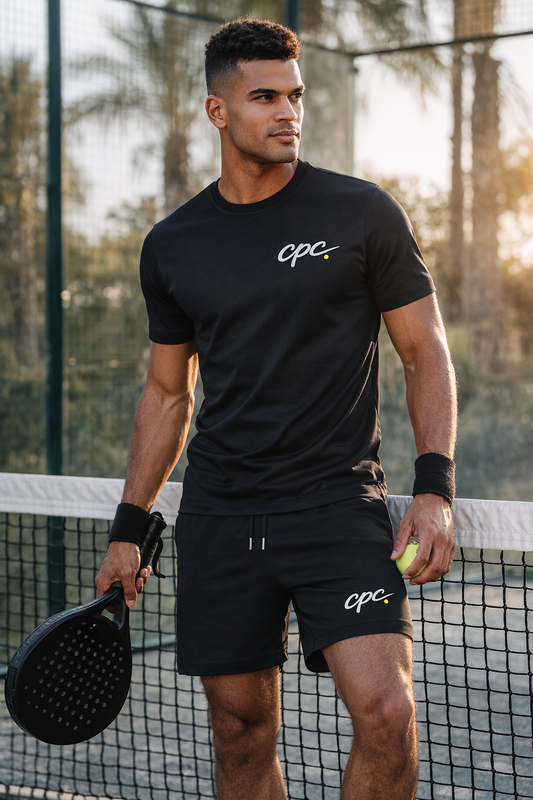 Black CPC padel t-shirt and shorts worn by athletic player from the CPC 26 Collection
