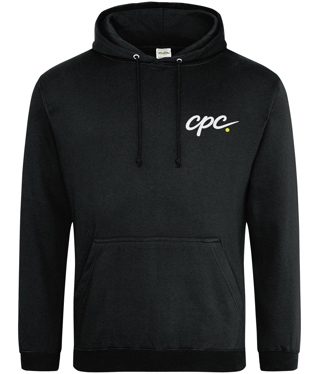 CPC 26 Padel Hoodie – unisex jet black padel hoodie, front | Corcuera Padel Club