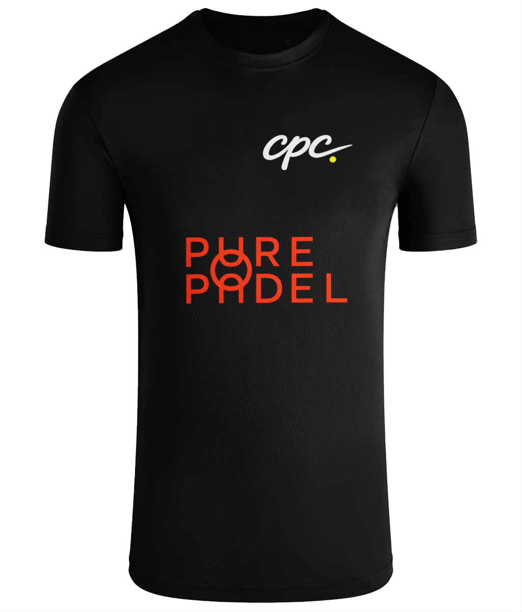 CPC 26 Pure Padel Coaches T-Shirt – unisex black padel coaching tee, front | Corcuera Padel Club