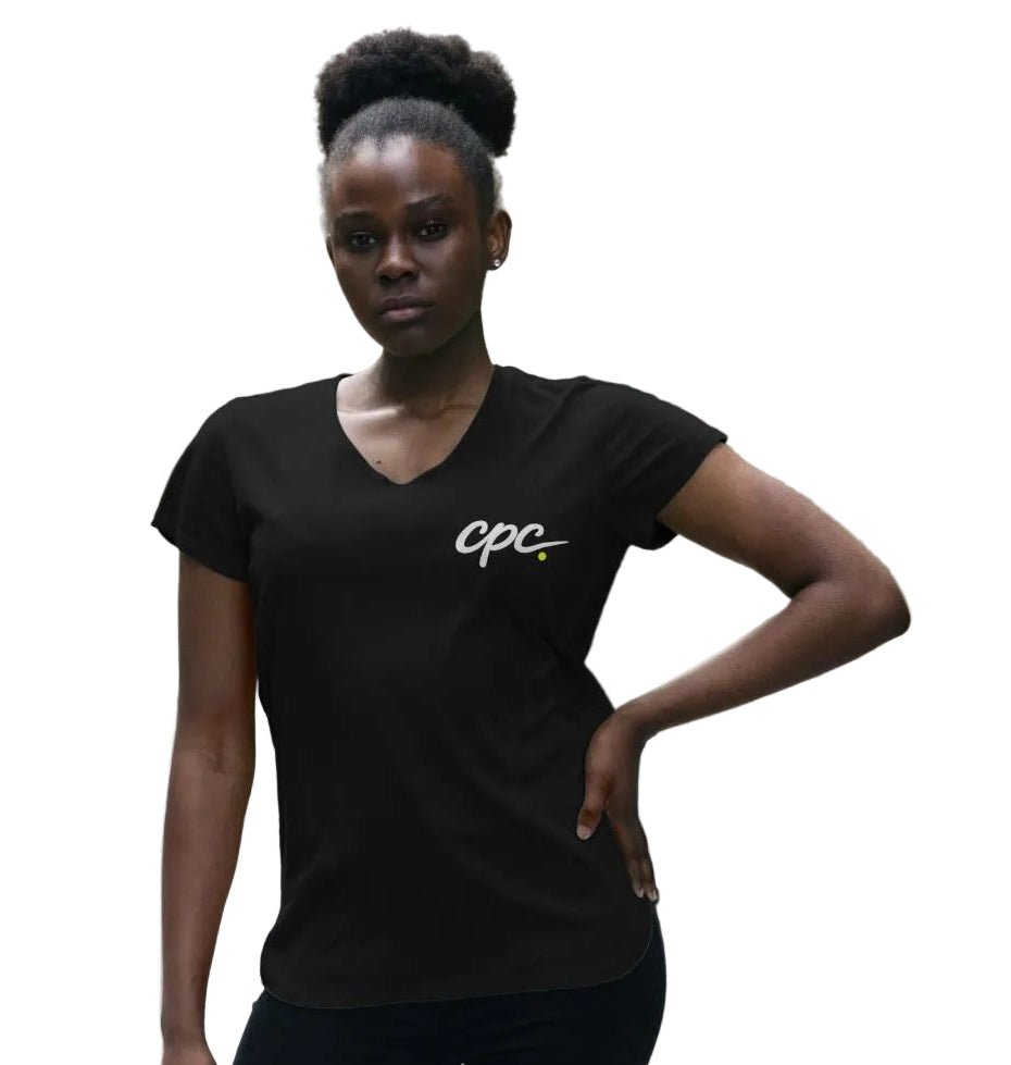 CPC 26 Women's V-Neck Organic Padel T-Shirt – women's organic padel tee, detail | Corcuera Padel Club