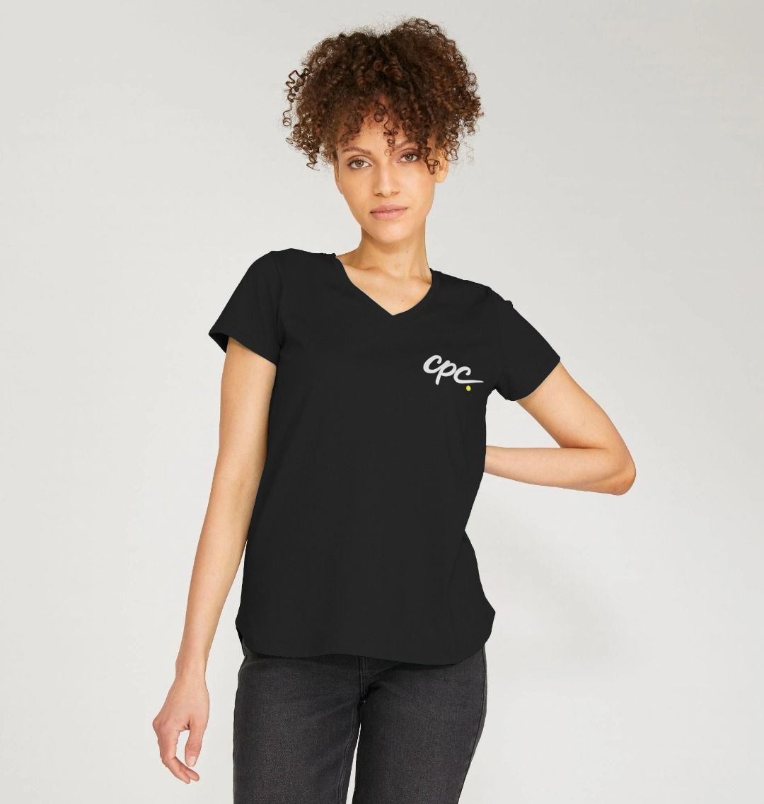 CPC 26 Women's V-Neck Organic Padel T-Shirt – women's organic padel tee, worn shot | Corcuera Padel Club