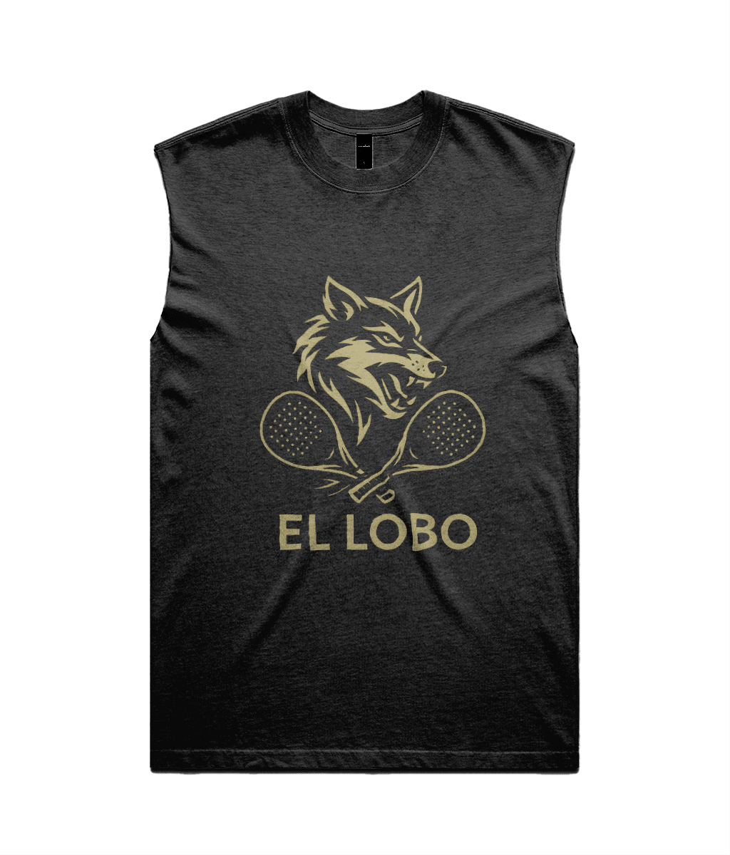 El Lobo the Wolf Heavy Faded Men's Padel Court Tank Top – men's faded black tank, front | Corcuera Padel Club