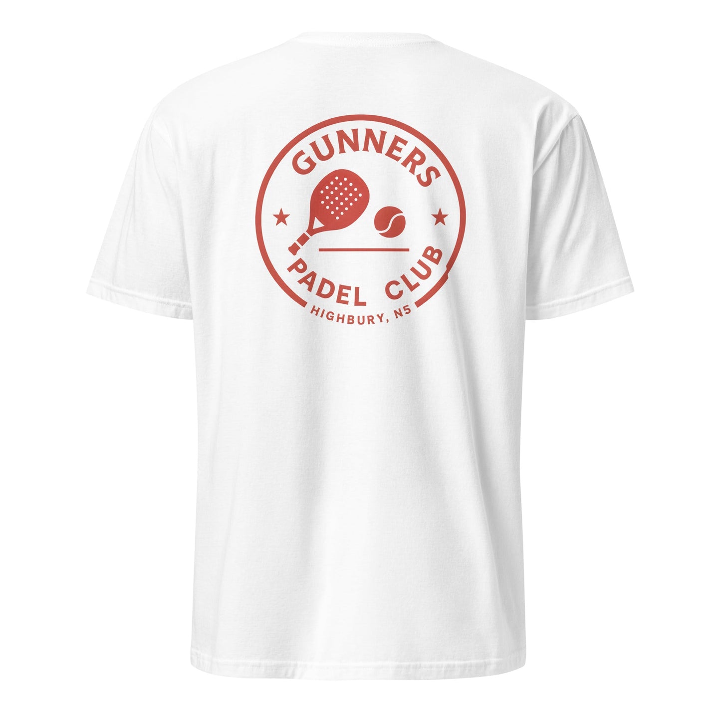 Gunners Padel Club Performance T-Shirt – unisex football-inspired padel tee, detail | Corcuera Padel Club
