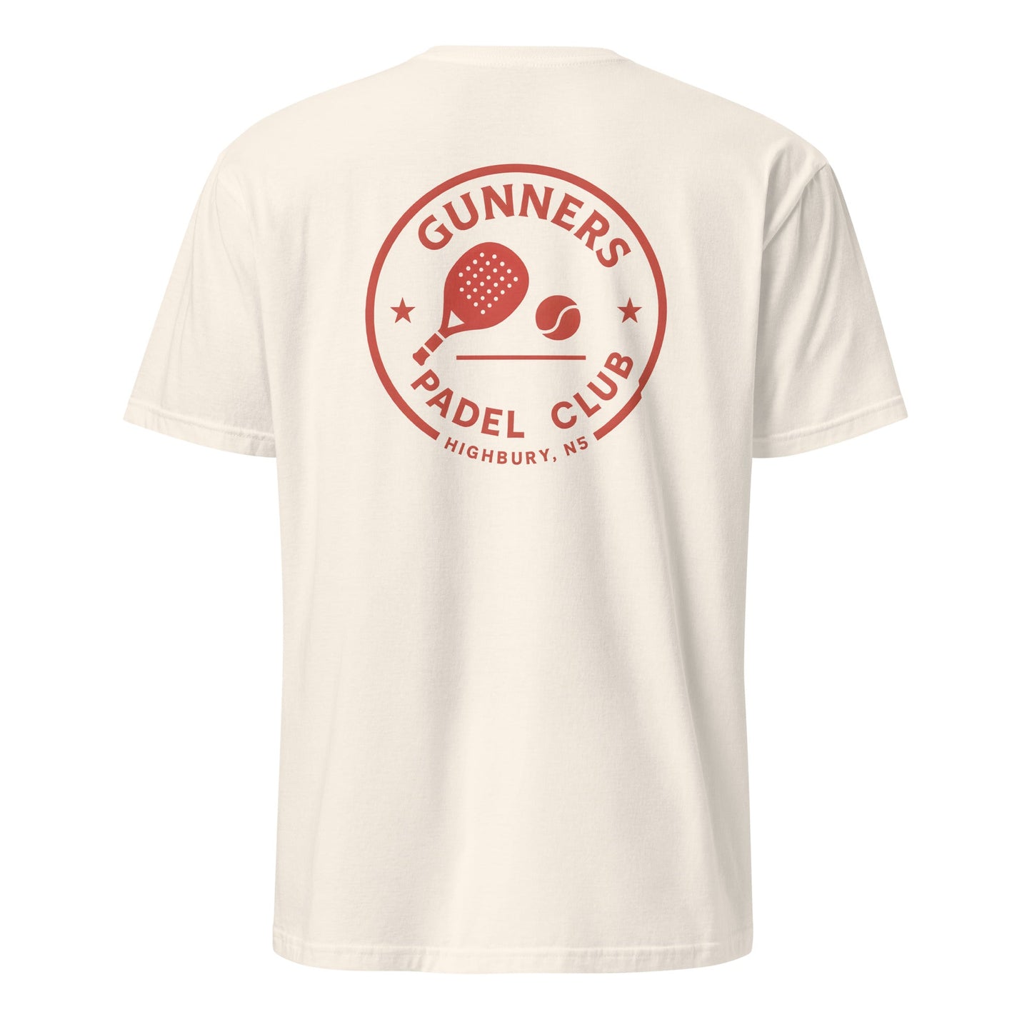 Gunners Padel Club Performance T-Shirt – unisex football-inspired padel tee, flat lay | Corcuera Padel Club