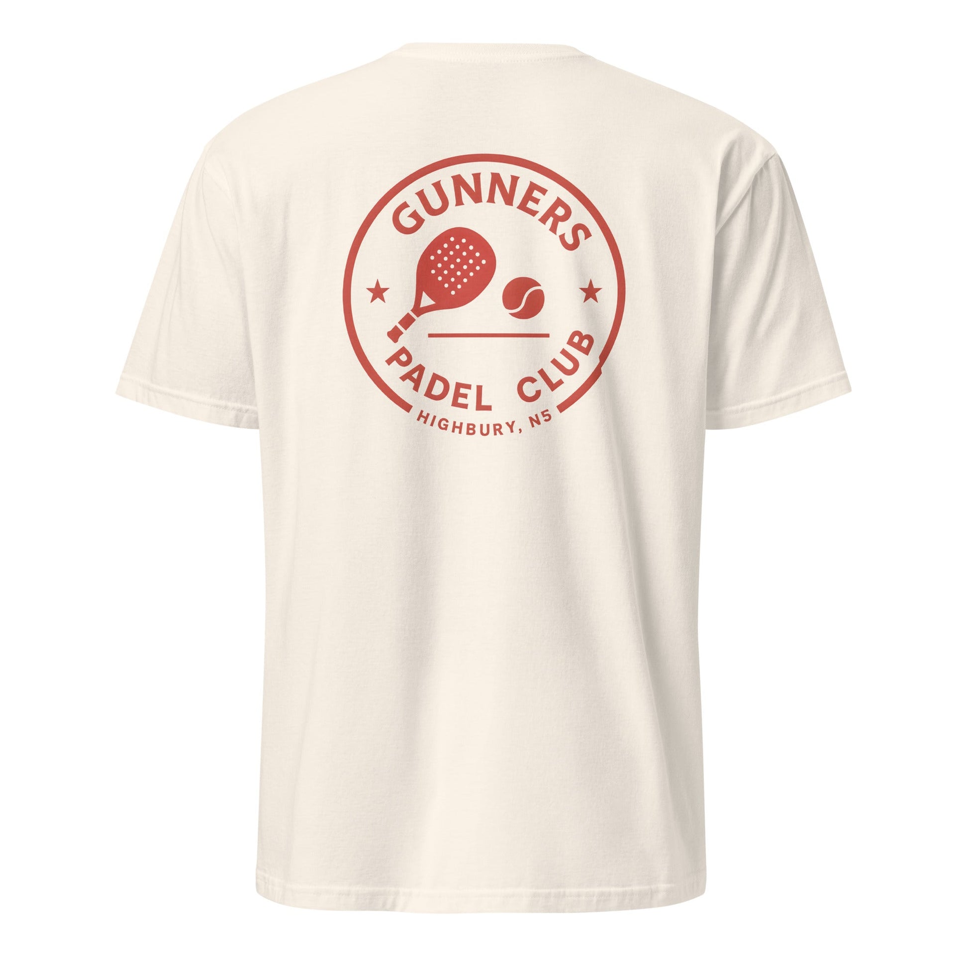 Gunners Padel Club Performance T-Shirt – unisex football-inspired padel tee, flat lay | Corcuera Padel Club