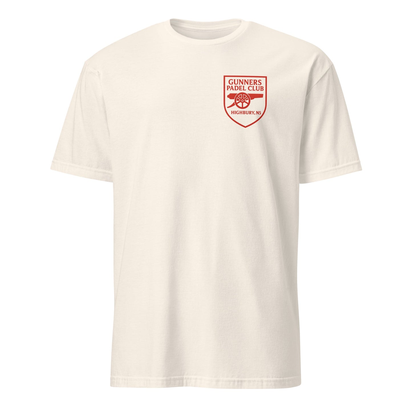 Gunners Padel Club Performance T-Shirt – unisex football-inspired padel tee, styled shot | Corcuera Padel Club