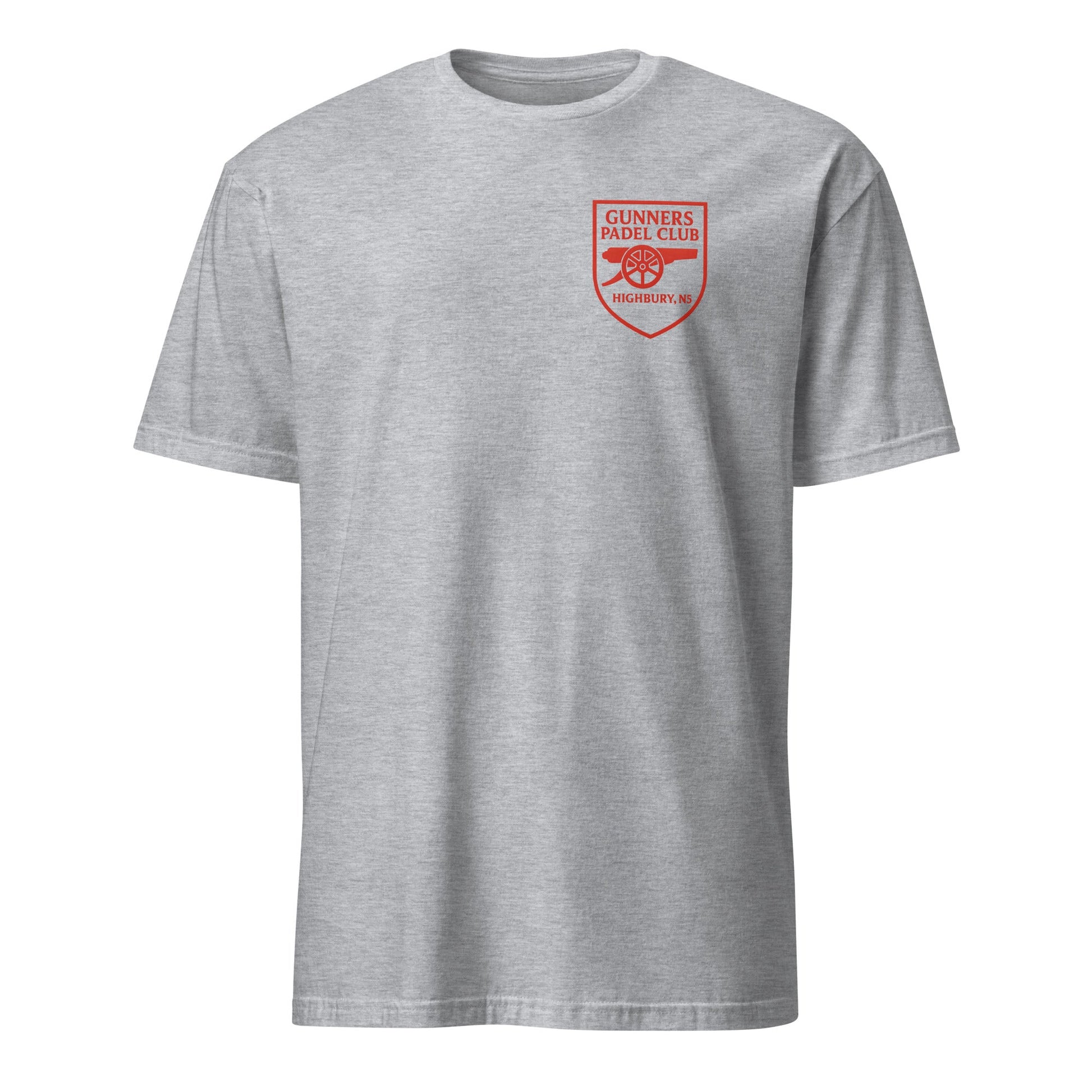 Gunners Padel Club Performance T-Shirt – unisex sport grey football-inspired padel tee, front | Corcuera Padel Club