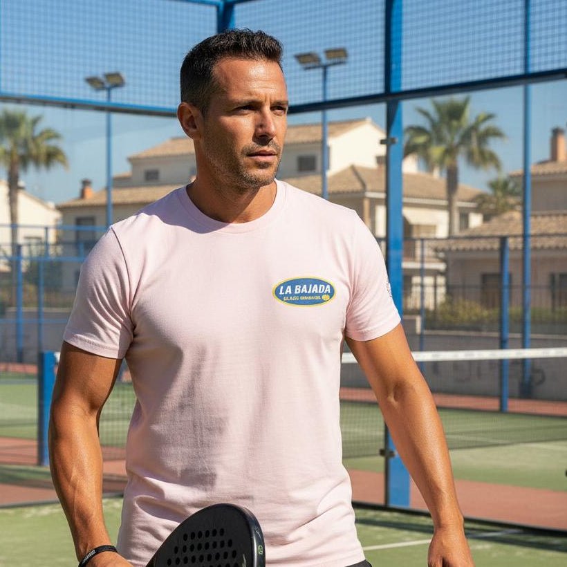 La Bajada Padel T-Shirt – men's pink padel tee, worn shot | Corcuera Padel Club
