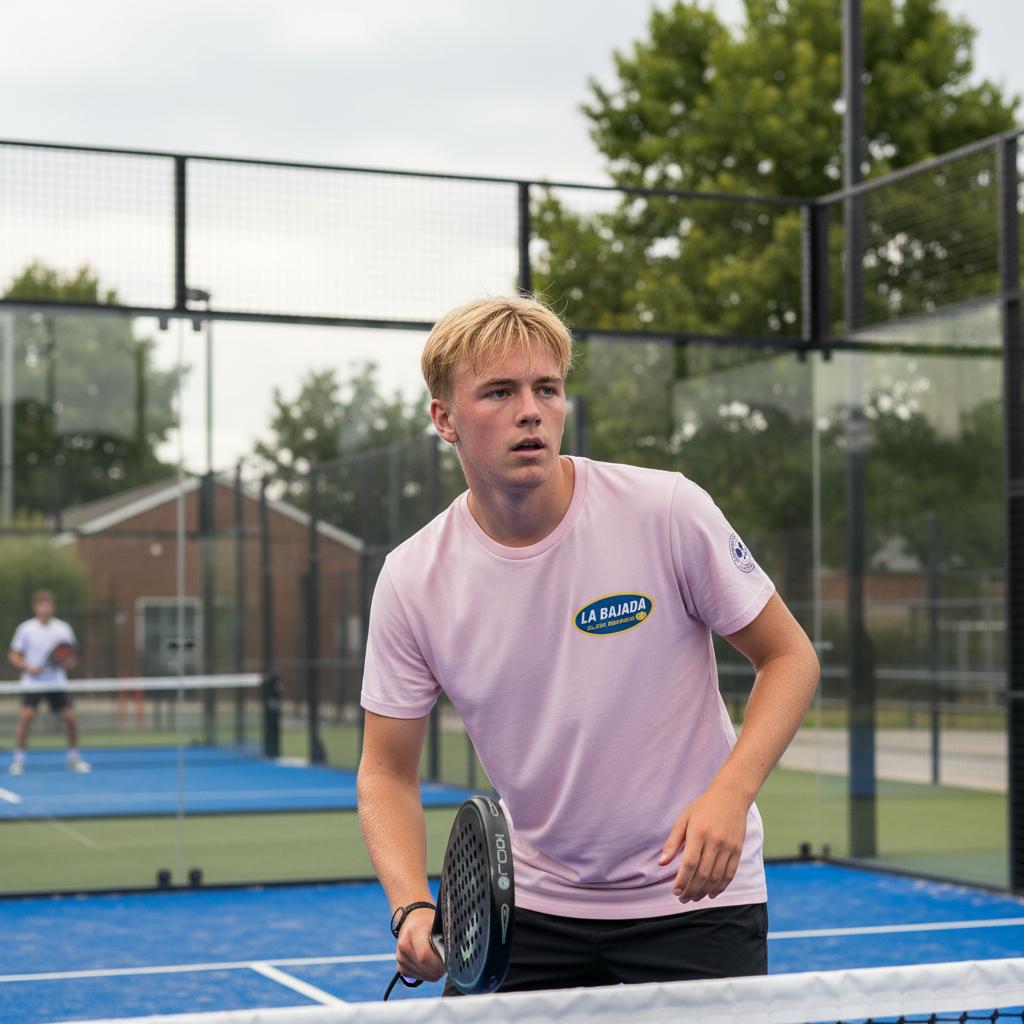 La Bajada Padel T-Shirt – men's pink padel tee, styled shot | Corcuera Padel Club