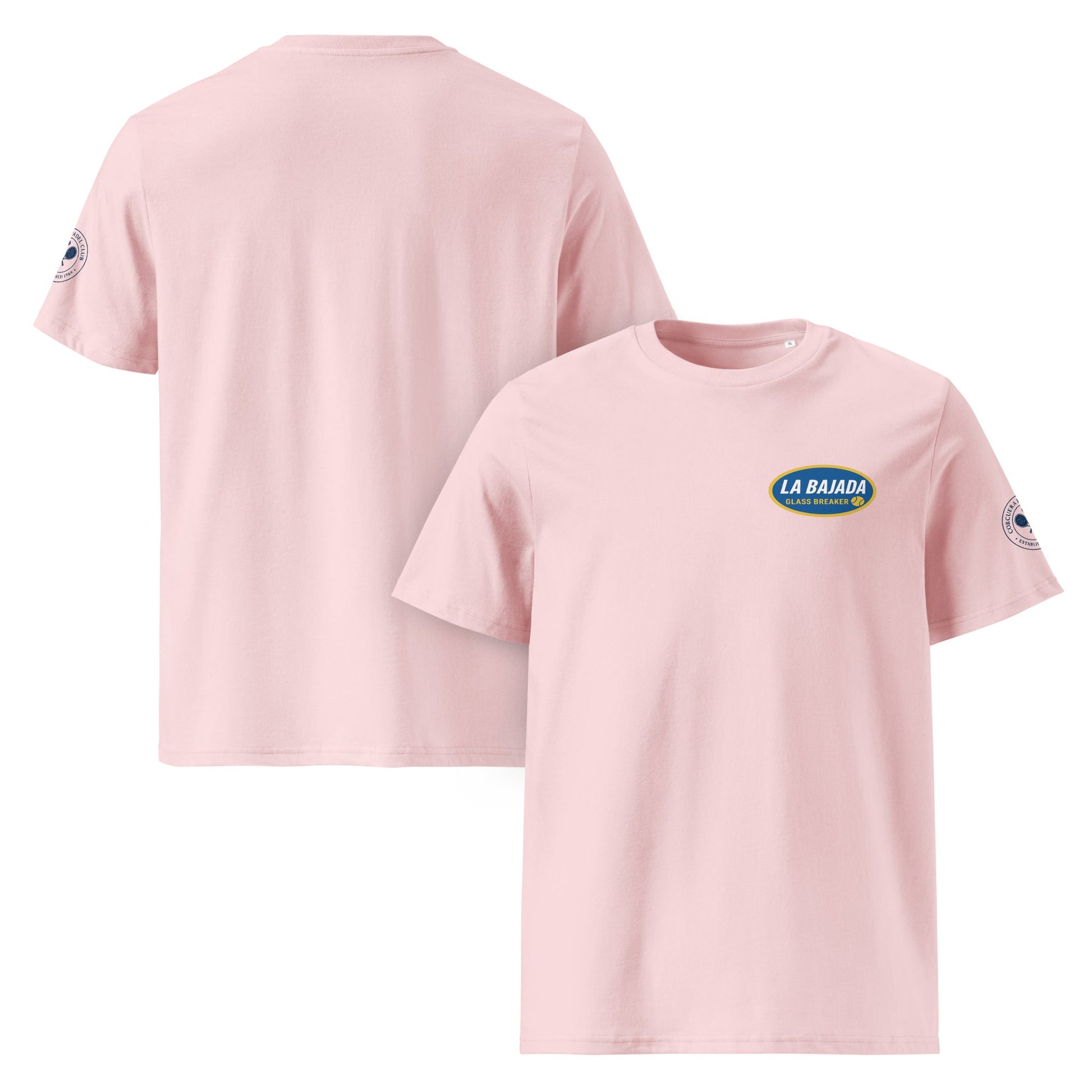 La Bajada Padel T-Shirt – men's pink padel tee, detail | Corcuera Padel Club