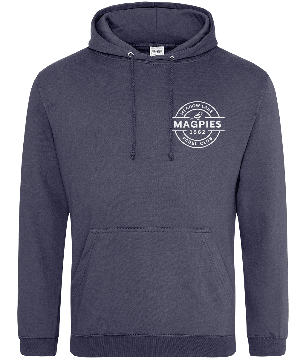 Notts Magpies Padel Club College Style Hoodie – unisex jet black padel hoodie, front | Corcuera Padel Club