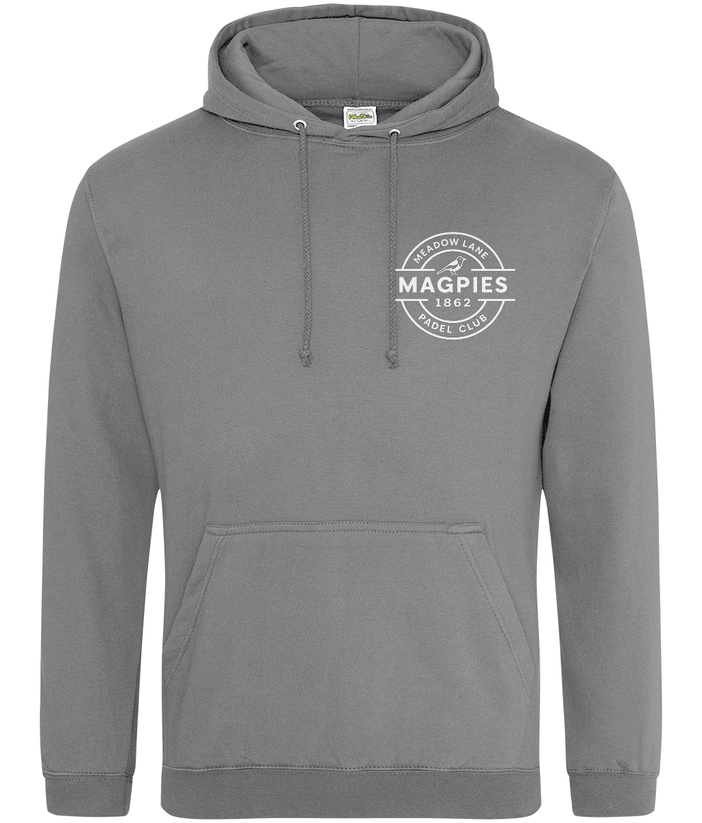 Notts Magpies Padel Club College Style Hoodie – unisex charcoal padel hoodie, front | Corcuera Padel Club