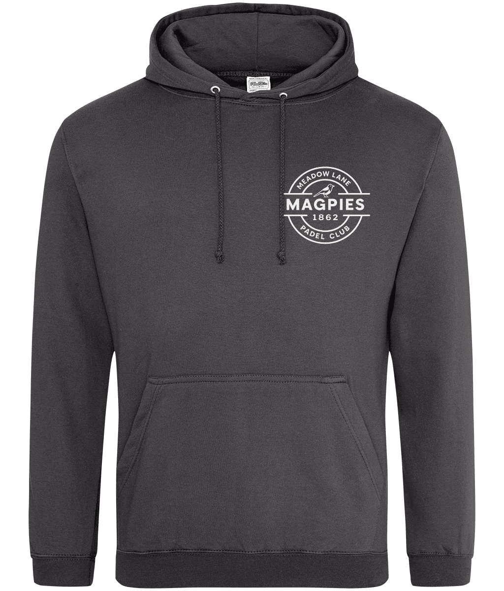 Notts Magpies Padel Club College Style Hoodie – unisex black smoke padel hoodie, front | Corcuera Padel Club