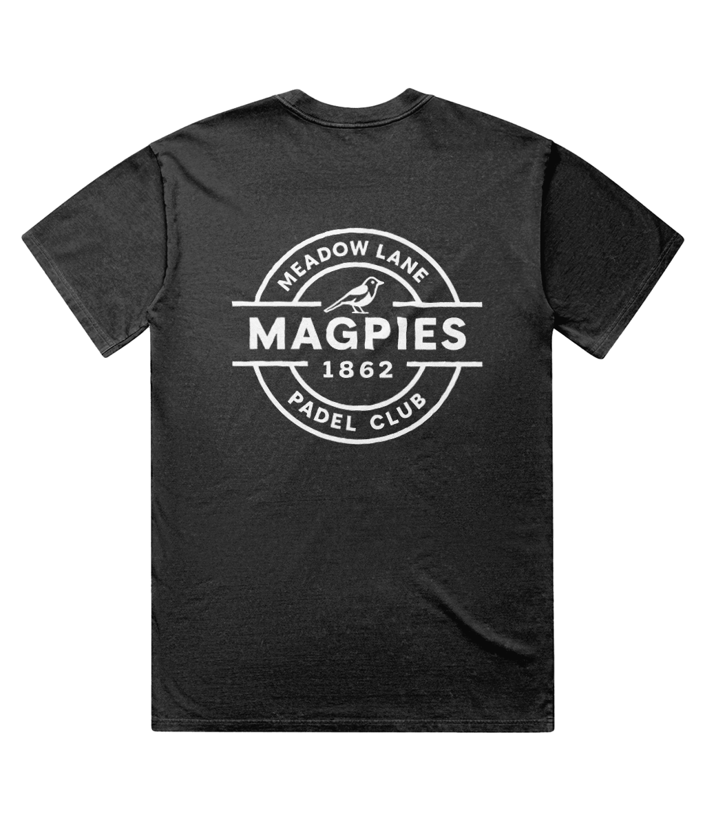 Notts Magpies Padel Club Faded T-Shirt – unisex coal faded padel tee, front | Corcuera Padel Club