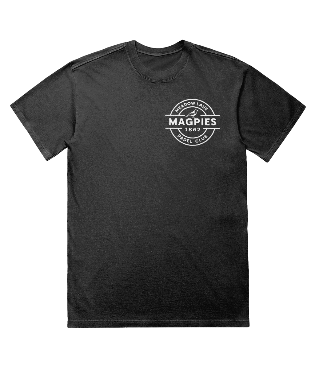 Notts Magpies Padel Club Faded T-Shirt – unisex black stone faded padel tee, front | Corcuera Padel Club
