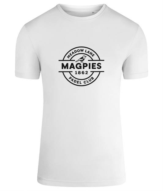 Notts Magpies Padel Club Match Day Performance T-Shirt – men's white performance padel tee, front | Corcuera Padel Club
