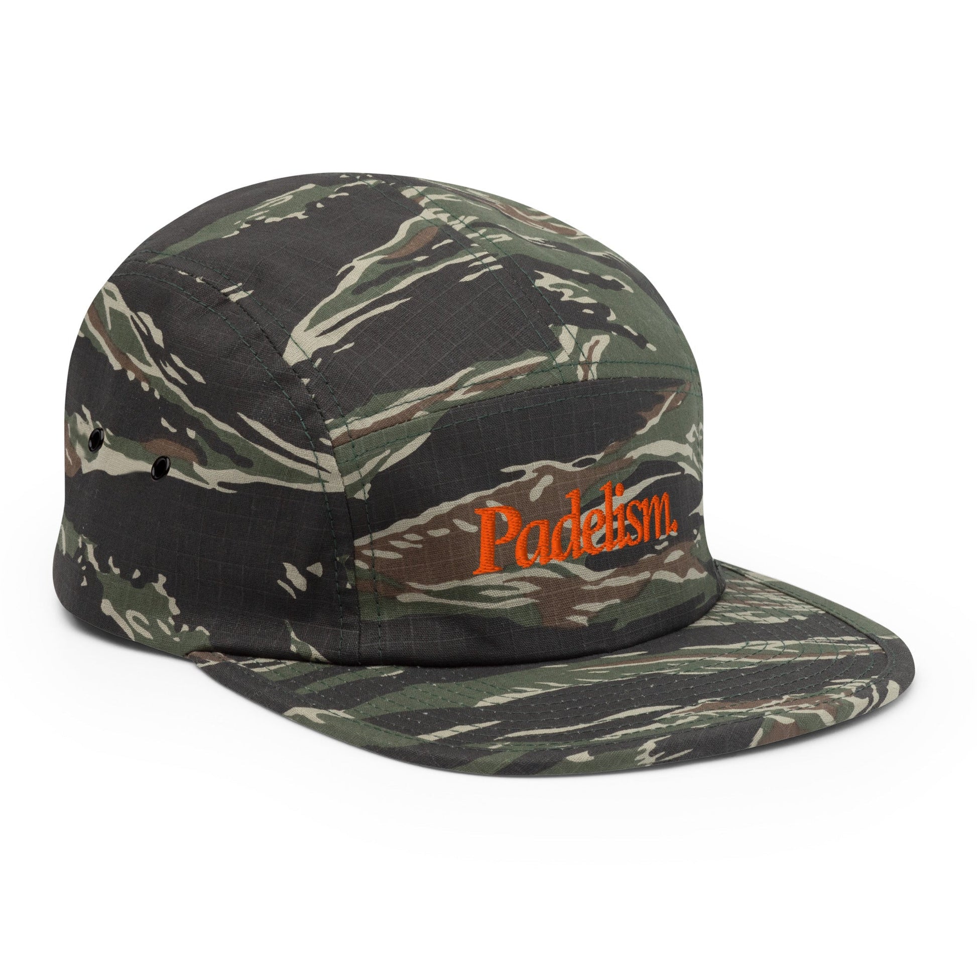 Padelism Friends + Family Padel Camo Five Panel Cap – unisex camo padel cap, styled shot | Corcuera Padel Club