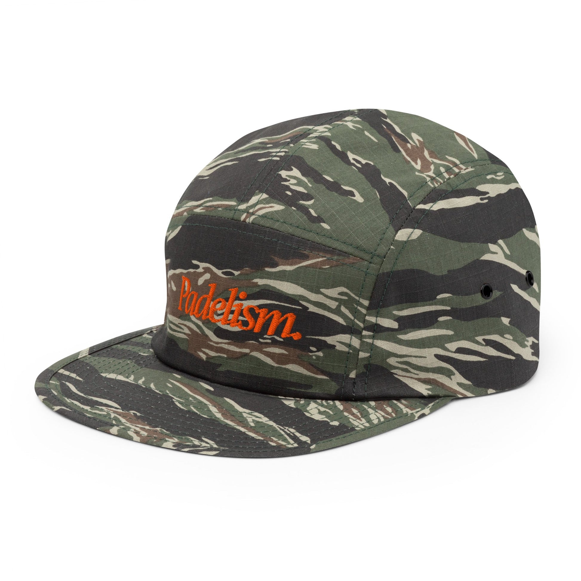 Padelism Friends + Family Padel Camo Five Panel Cap – unisex camo padel cap, flat lay | Corcuera Padel Club