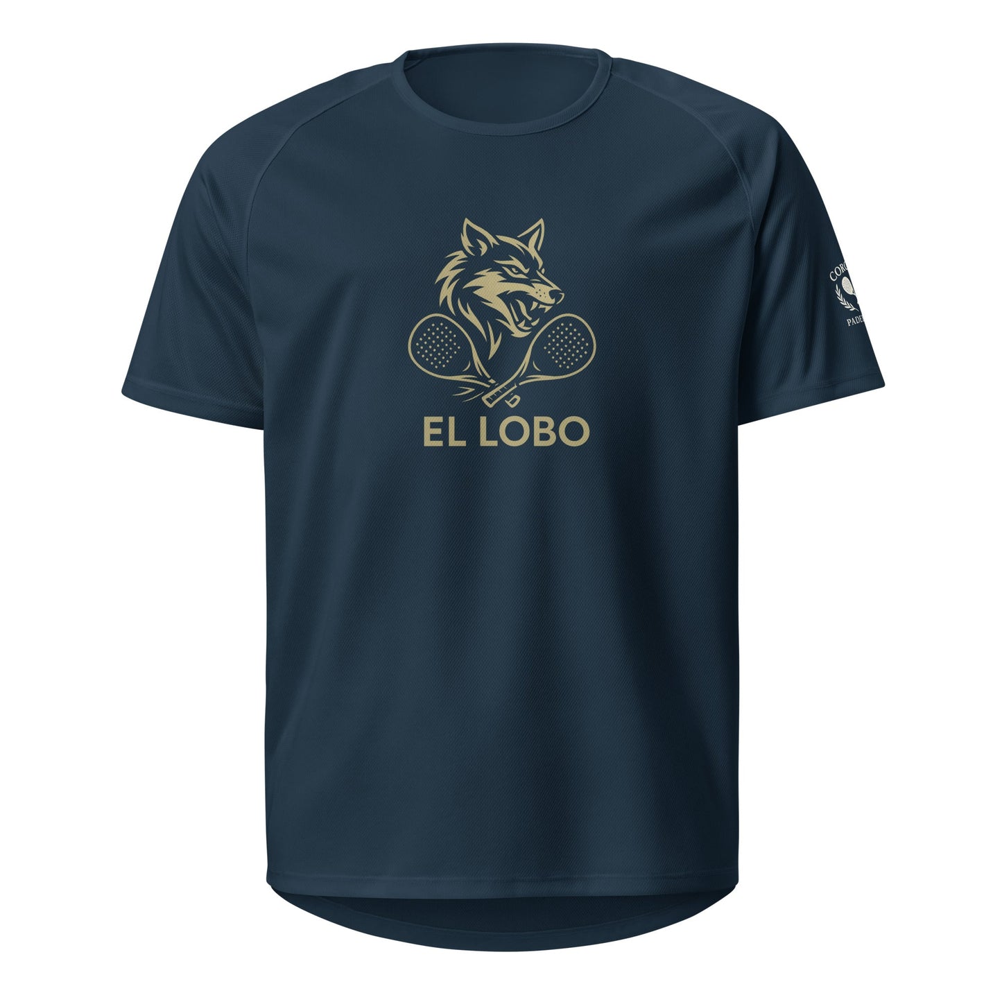 El Lobo the Wolf Player Edition Padel T-Shirt – unisex french navy padel tee, detail | Corcuera Padel Club