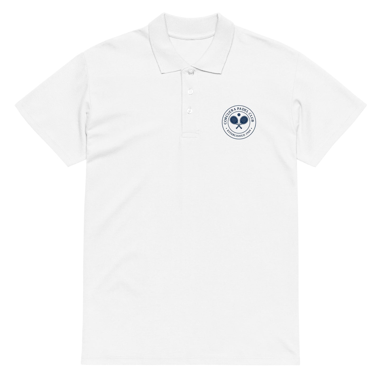 Premium Club Crest Piqué Polo Shirt – unisex padel polo, front | Corcuera Padel Club