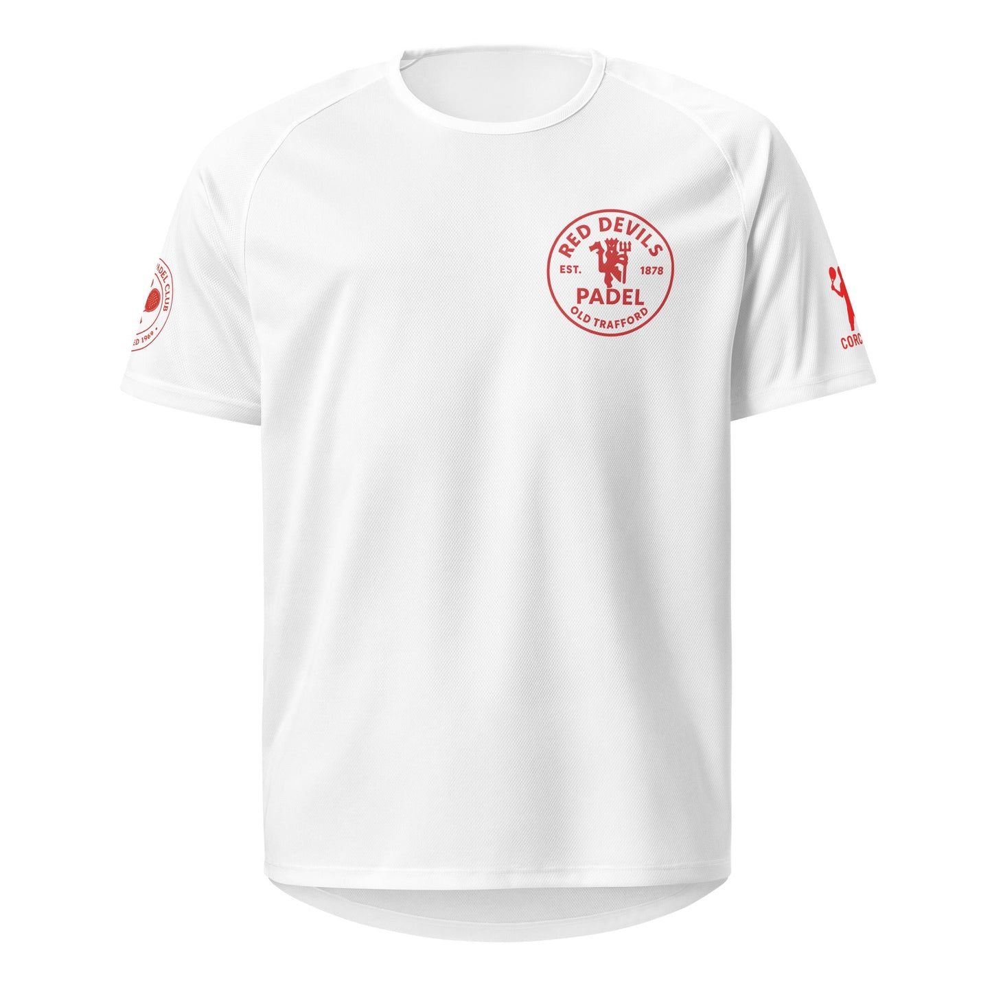 Red Devils Old Trafford Padel Club Player Shirt – unisex football-inspired padel jersey, front | Corcuera Padel Club